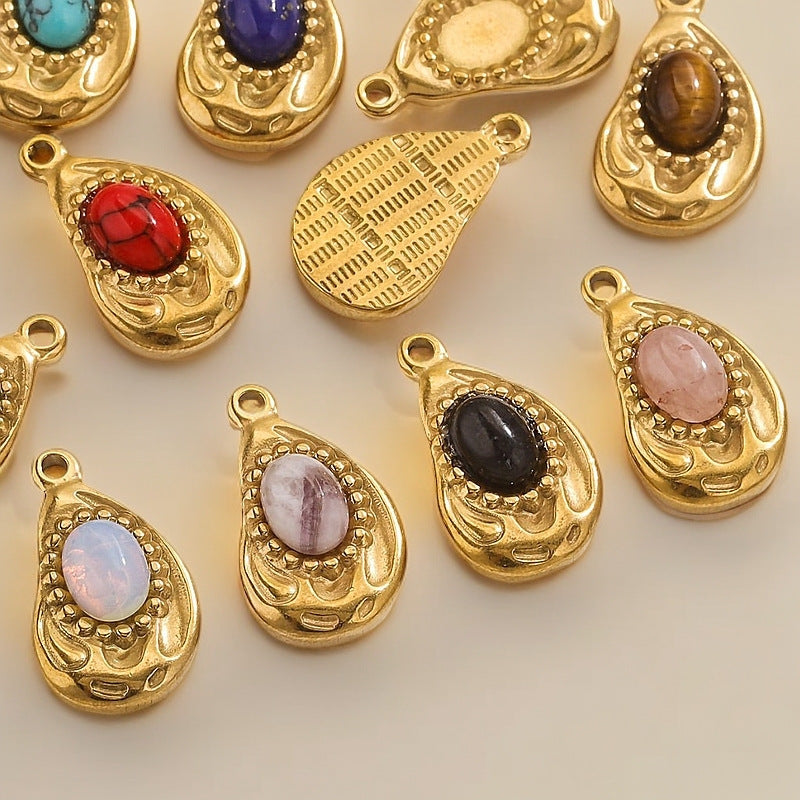 Bohemian Natural Stone Pendant Steel 18K Gold Irregular Oval