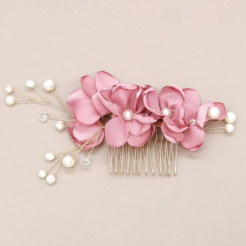 Red Floral Bridal Hair Comb | Pearl Wedding Hair Accessory