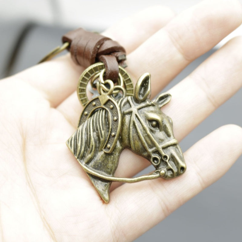 Vintage Horse Head Keychain | Braided Leather Mens Gift