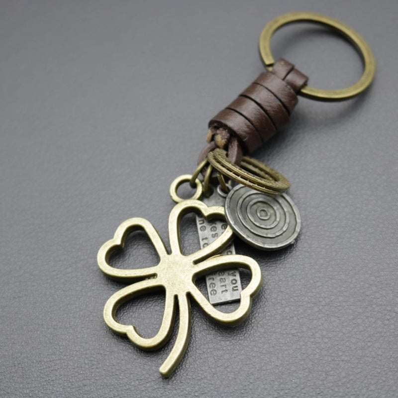 Four Leaf Clover Keychain | Braided Leather Mens Gift