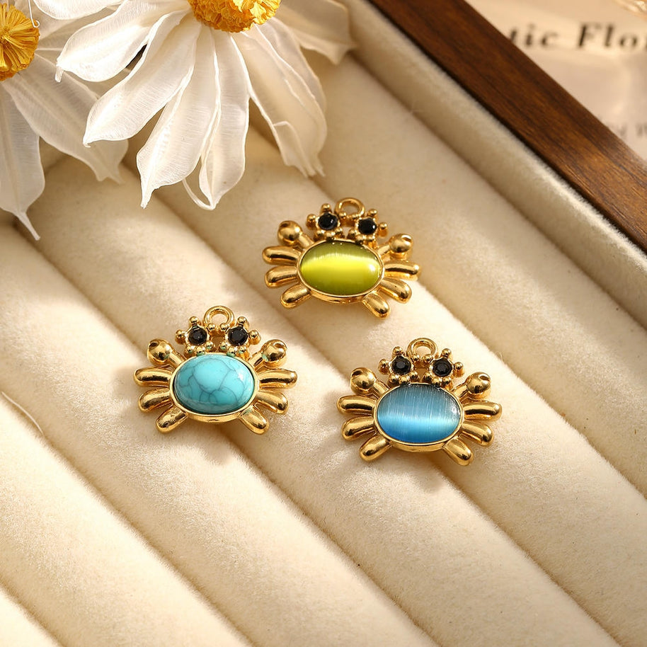 Cat Eye Gemstone Pendant Turtle Crab Steel 18K Gold DIY