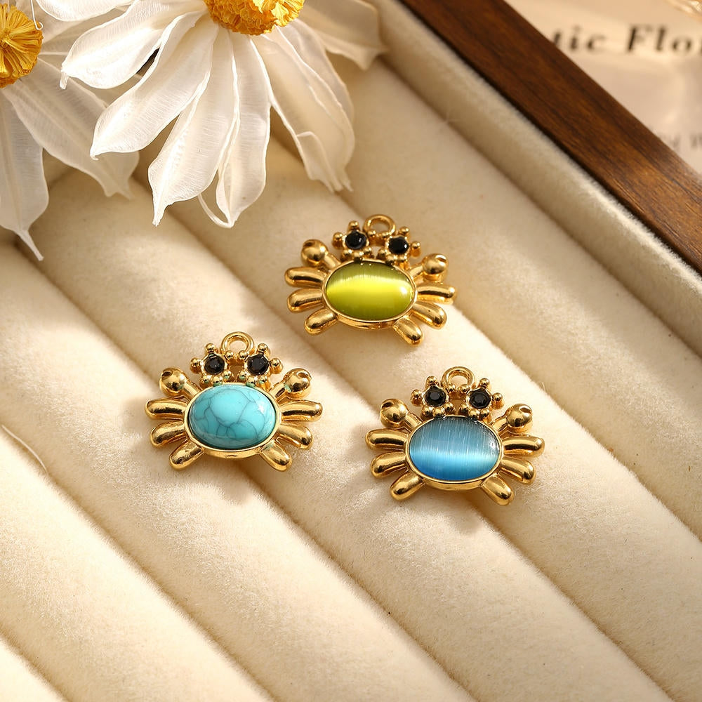 Cat Eye Gemstone Pendant Turtle Crab Steel 18K Gold DIY
