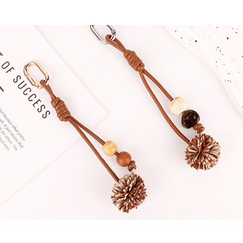 Two-Tone Leather Keychain | Braided Ball Charm for Bag & Car