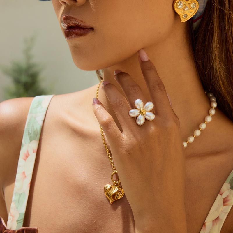 Pearl Flower Open Ring