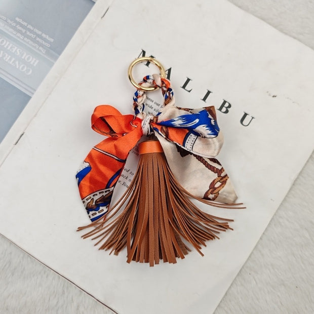 Leather Tassel Keychain | Bow Scarf Charm for Purses