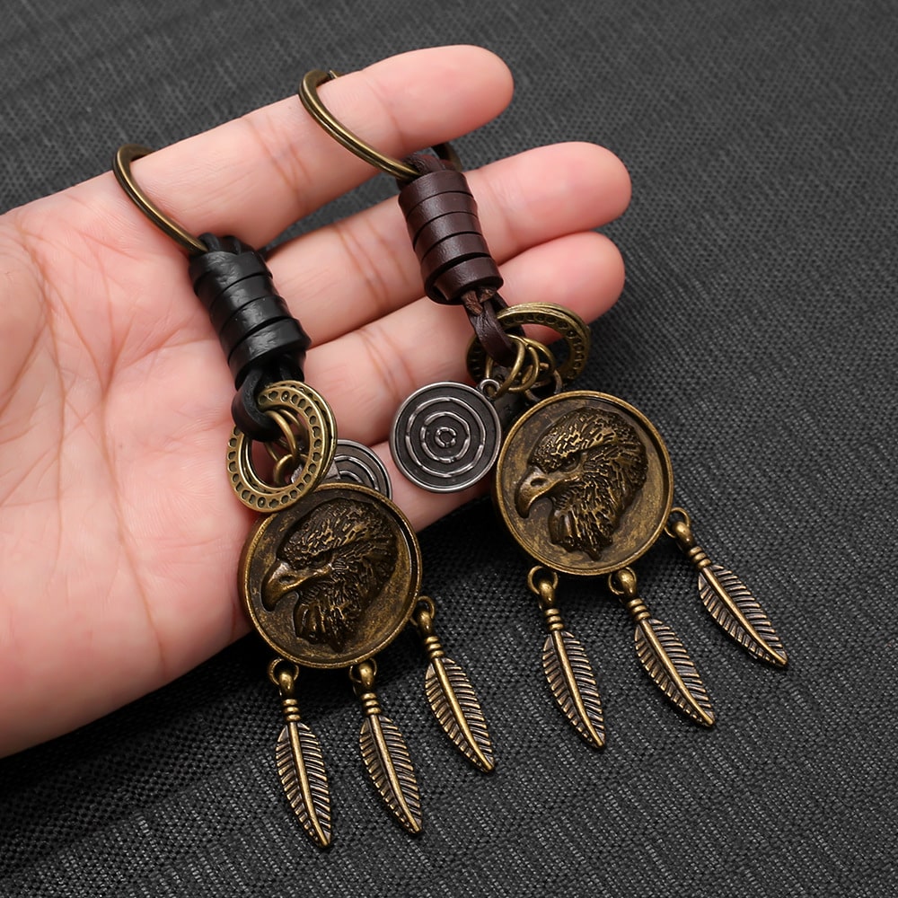 Eagle Pendant Keychain | Vintage Car Charm | Leather Braid