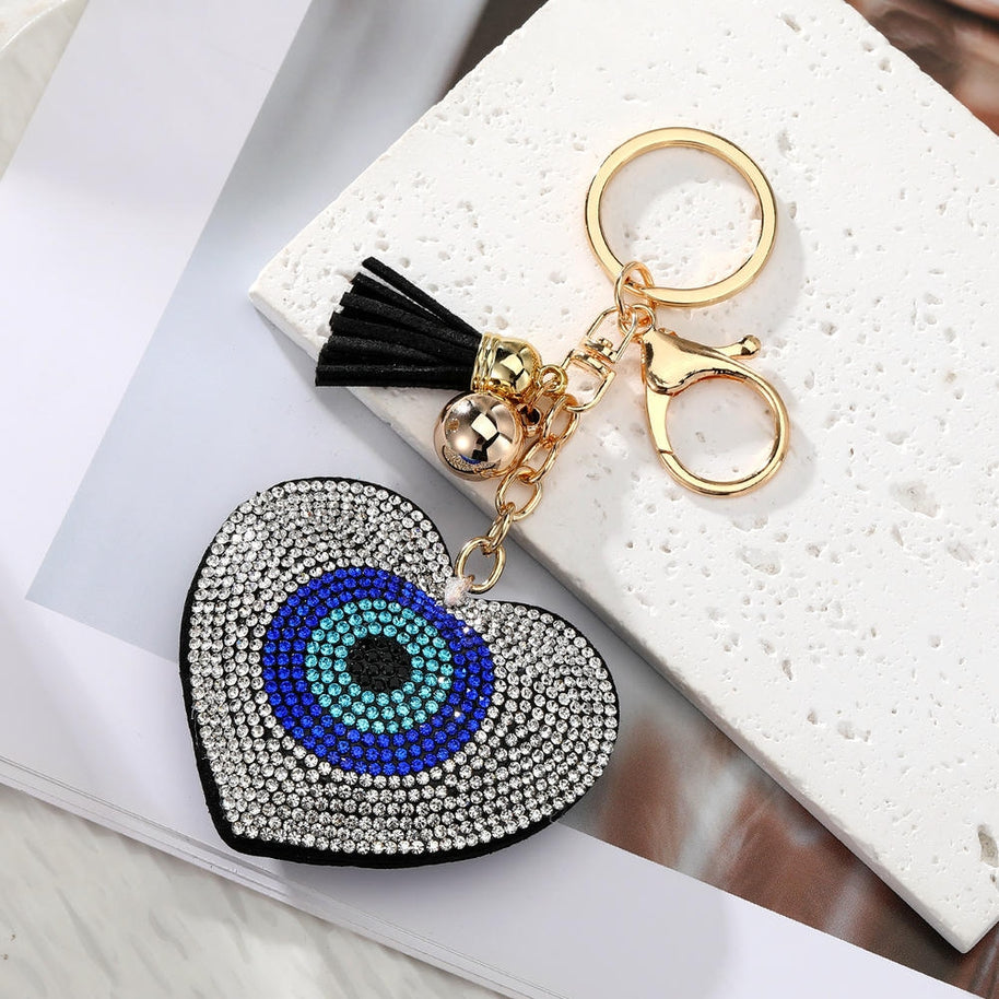 Evil Eye Keychain | Rhinestones Blue Charm | Leather Tael