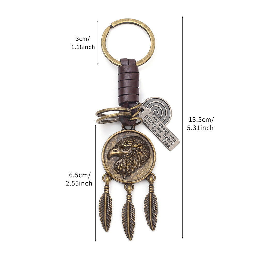Eagle Pendant Keychain | Vintage Car Charm | Leather Braid