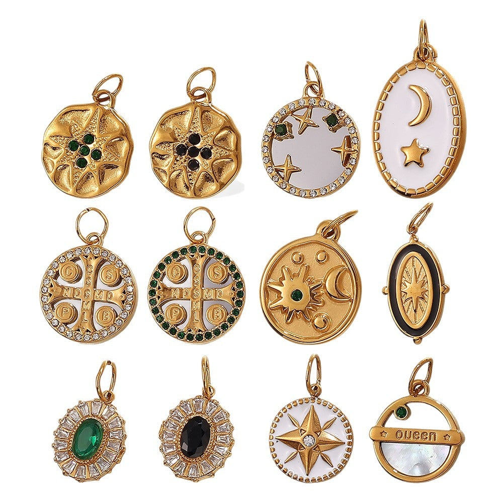 French Retro Starfish Round Necklace Pendant Rhinestones