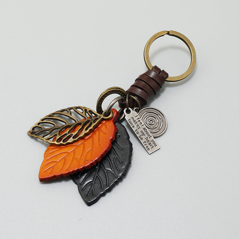 Vintage Leaf Keychain | Leather Car Charm | Handmade Weaving