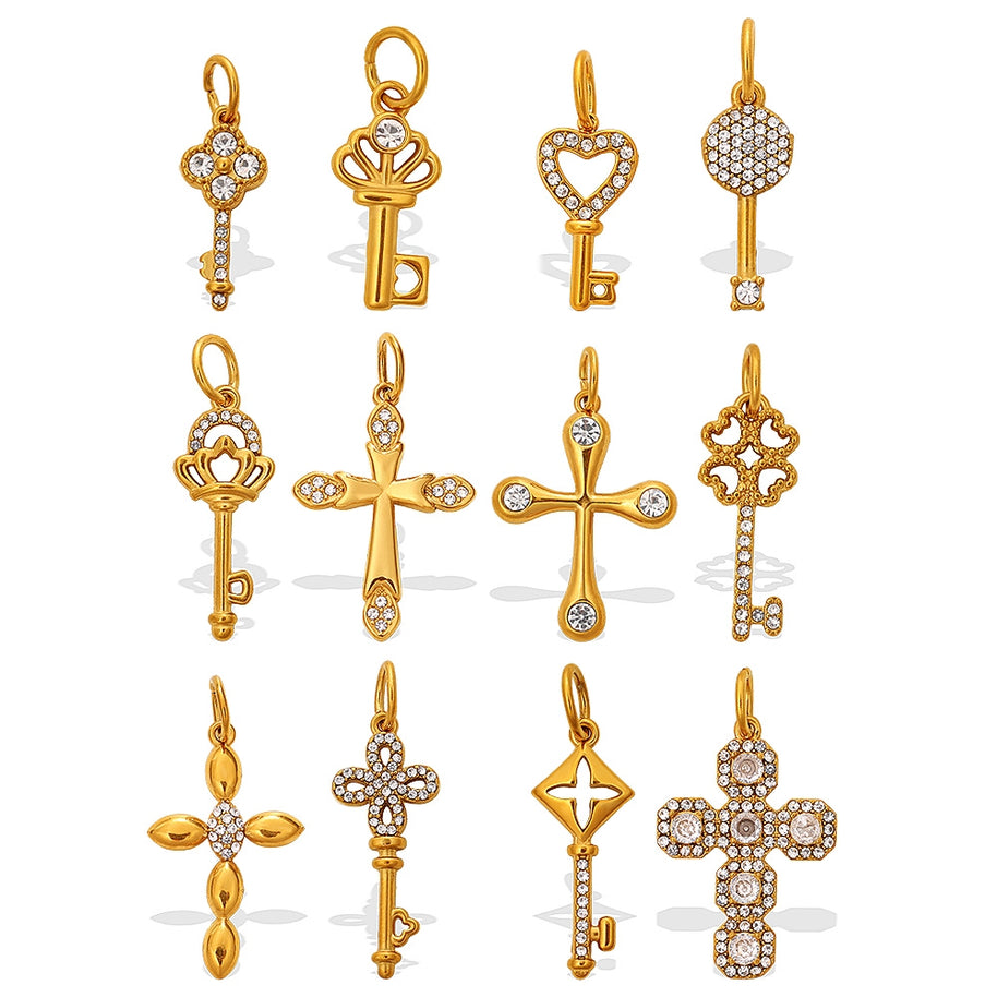 Individuality Key Cross Pendant Steel 18K Gold CZ Multi Style