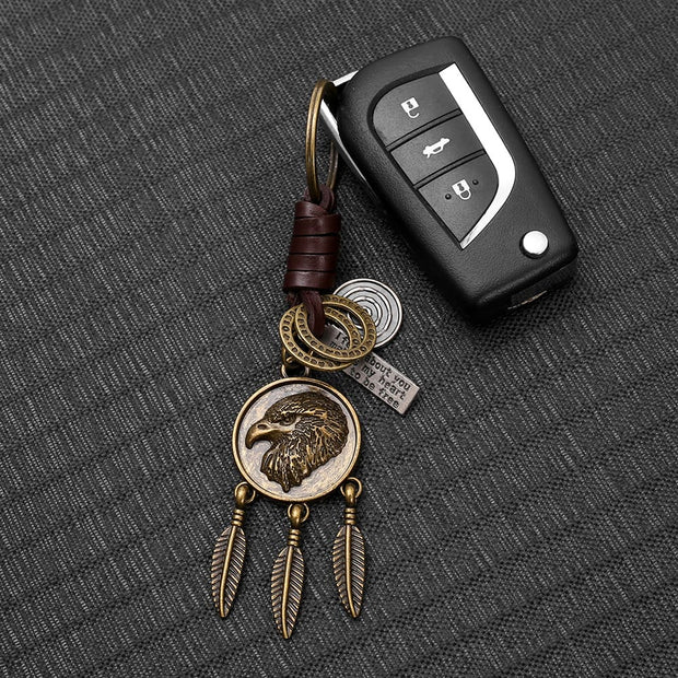 Eagle Pendant Keychain | Vintage Car Charm | Leather Braid