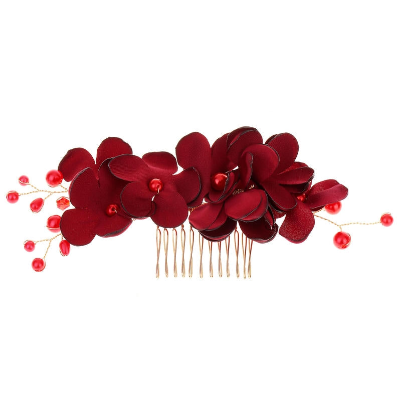 Red Floral Bridal Hair Comb | Pearl Wedding Hair Accessory