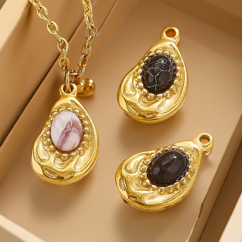 Bohemian Natural Stone Pendant Steel 18K Gold Irregular Oval