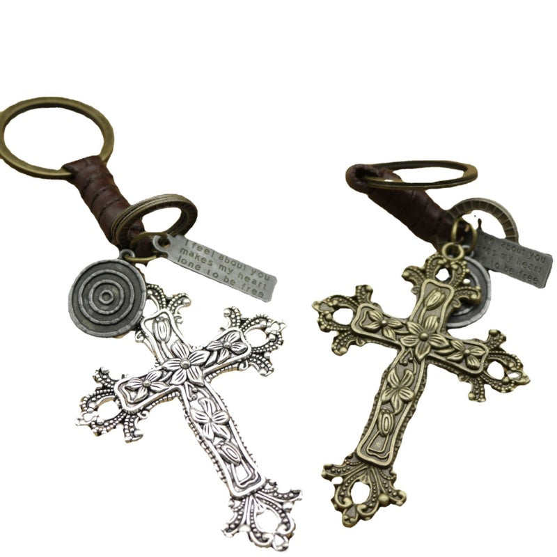 Bronze Cross Keychain | Retro Knitting Leather Mens Gift