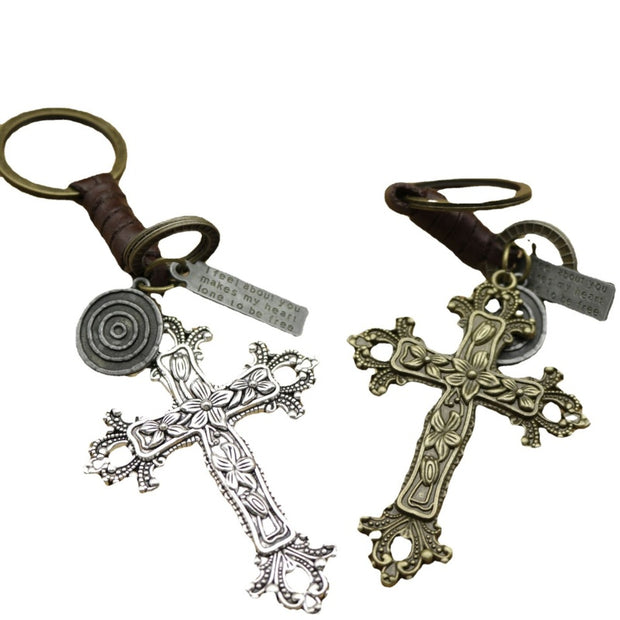 Bronze Cross Keychain | Retro Knitting Leather Mens Gift