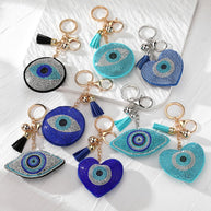 Evil Eye Keychain | Rhinestones Blue Charm | Leather Tael