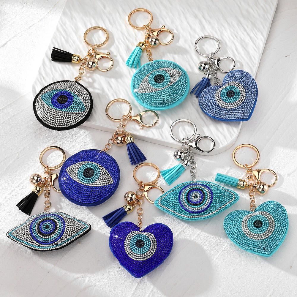 Evil Eye Keychain | Rhinestones Blue Charm | Leather Tael