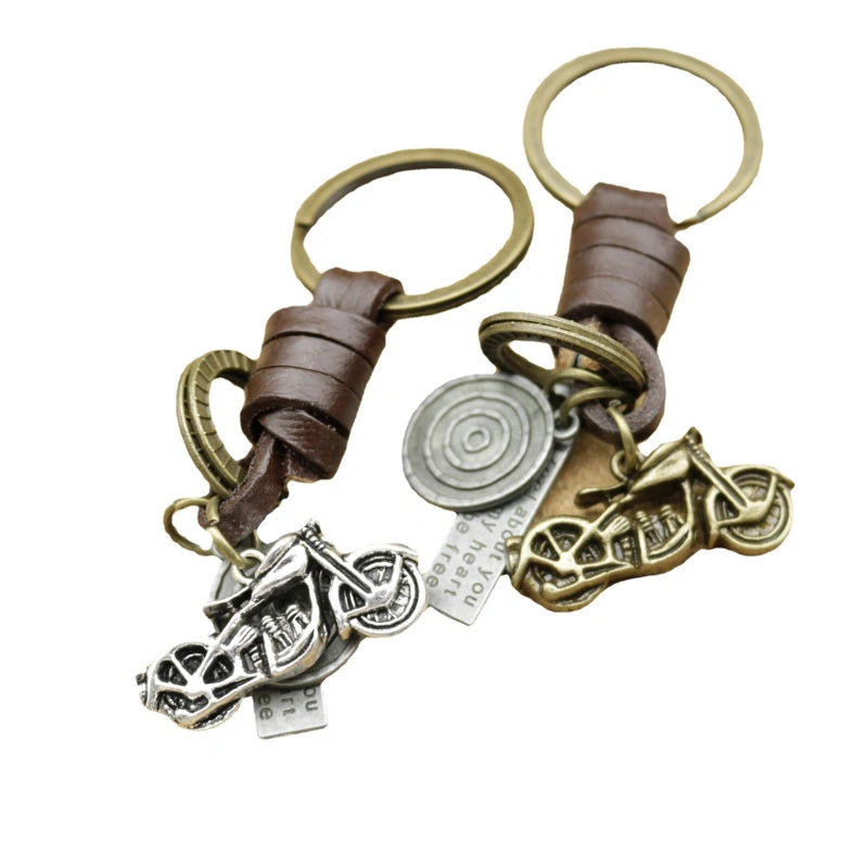Steampunk Motorcycle Keychain | Braided Leather Bike Key Fob