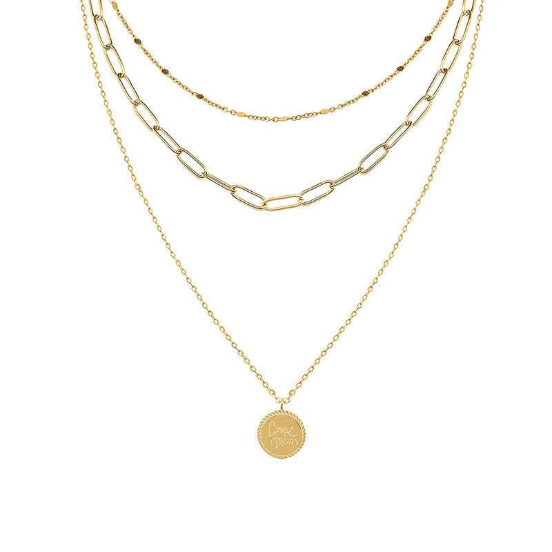 Disc Pendant Triple Layer Chain Necklace JMP758