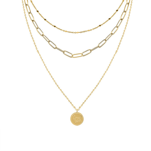 Disc Pendant Triple Layer Chain Necklace JMP758