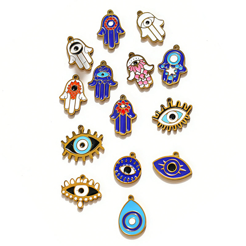 304 Steel Evil Eye Hamsa Pendant 18K Gold Enamel DIY