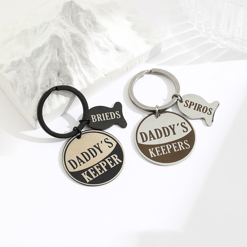 Dad Keychain | Fish Round Pendant | Titanium Steel Gift