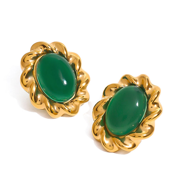 Green Gemstone Flower Stud Earring JXE2408017-GN