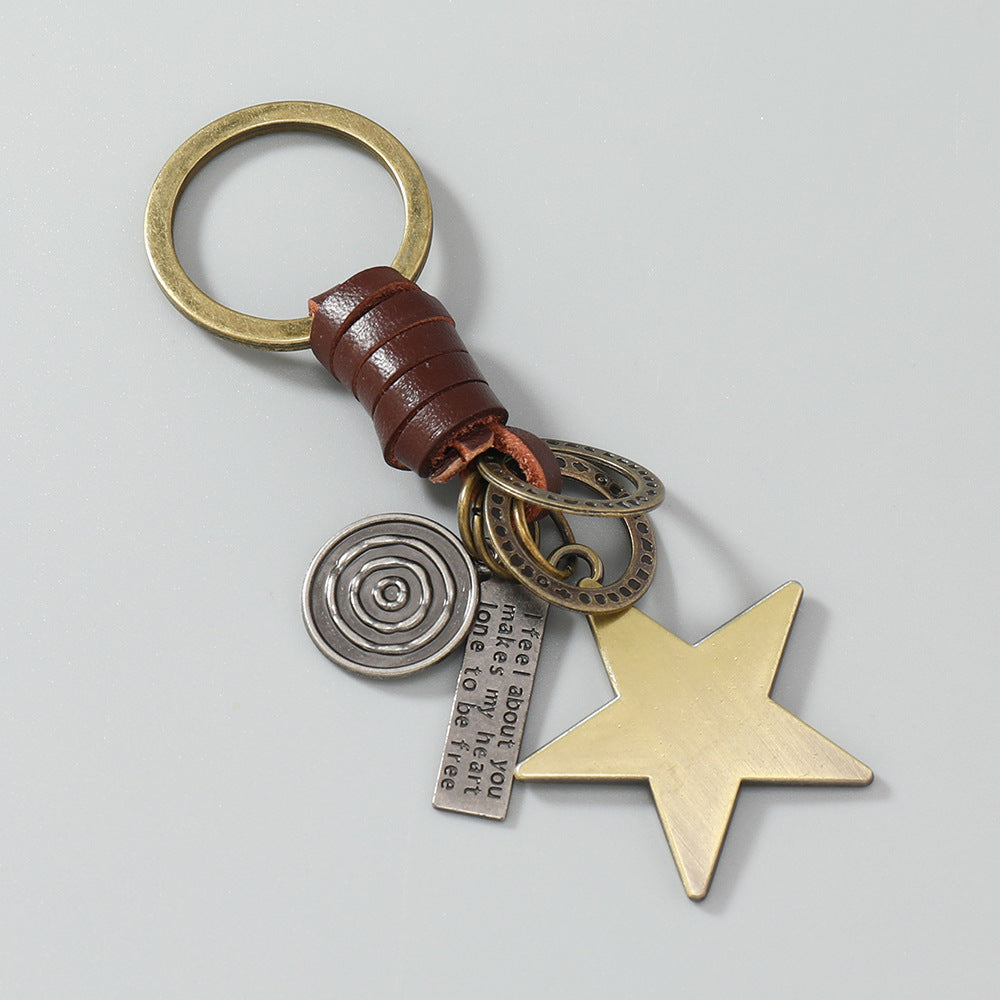 Star Pendant Keychain | Braid Leather Charm | Vintage