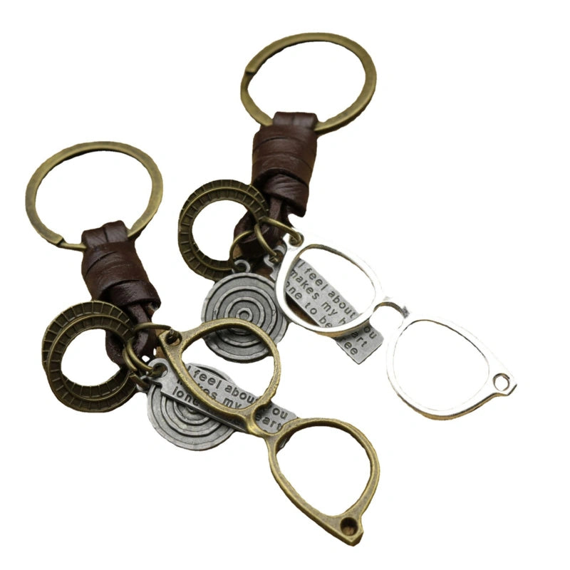 Vintage Eyeglasses Keychain | Braided Leather Novelty Key Fob