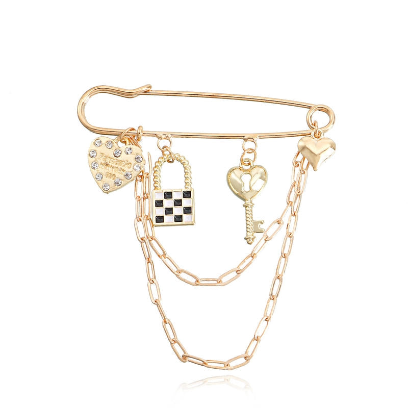 Check Key Heart Brooch | Vintage Multi-Element Lapel Pin