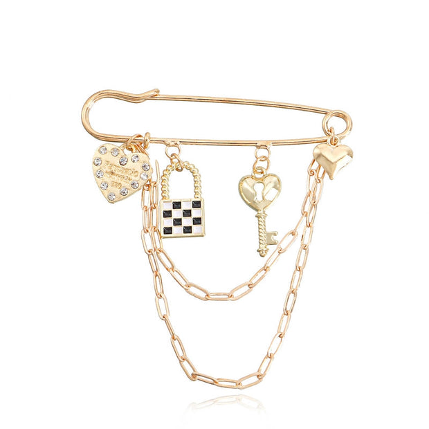 Check Key Heart Brooch | Vintage Multi-Element Lapel Pin