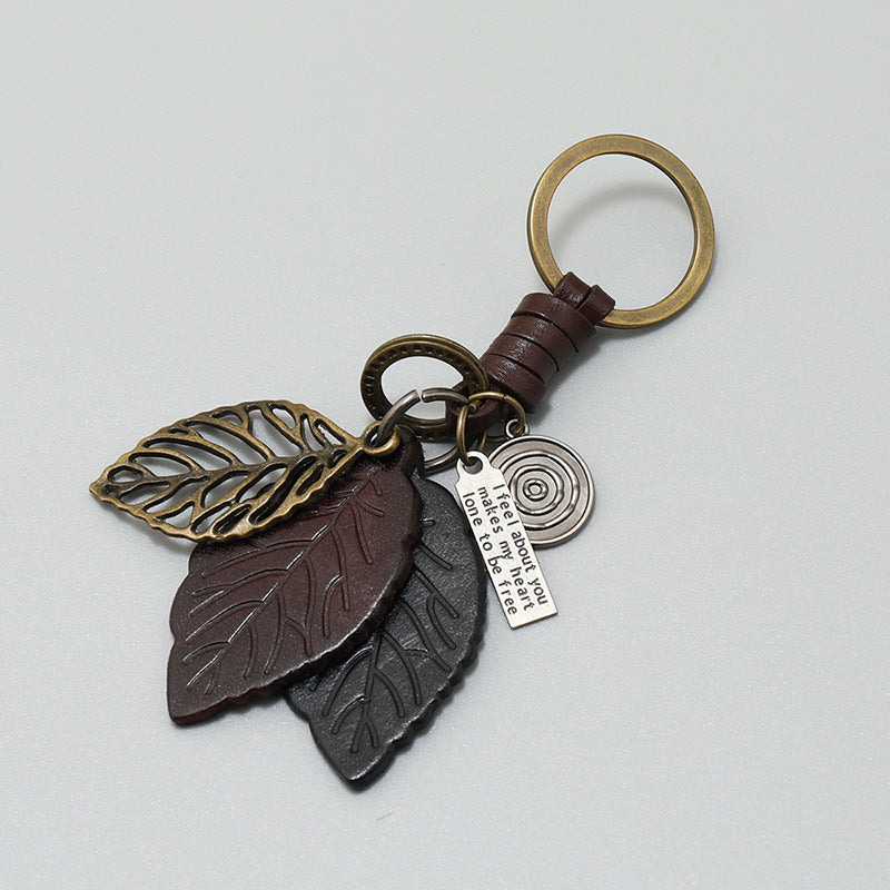 Vintage Leaf Keychain | Leather Car Charm | Handmade Weaving