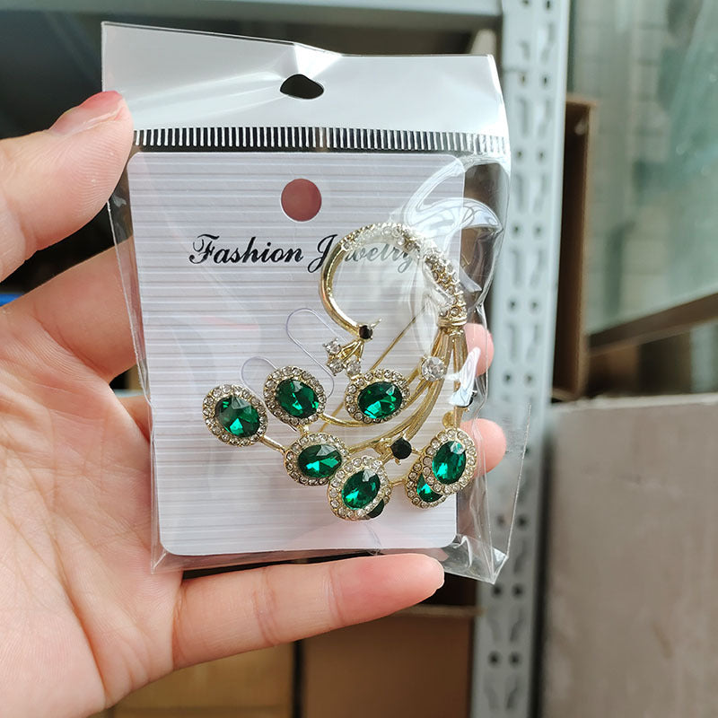 Peacock Brooch | French Green Crystal Pin | Vintage Luxury