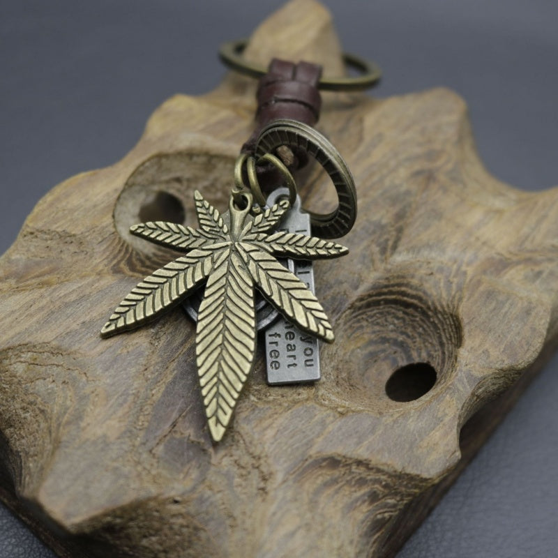 Antique Copper Leaf Keychain | Braided Leather Accessory