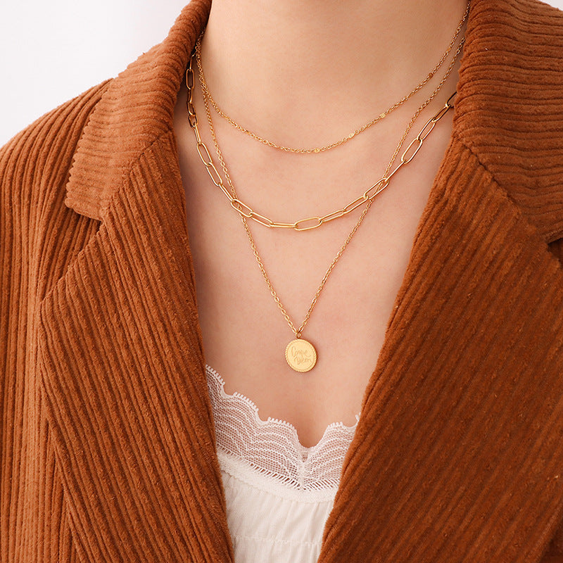 Disc Pendant Triple Layer Chain Necklace JMP758