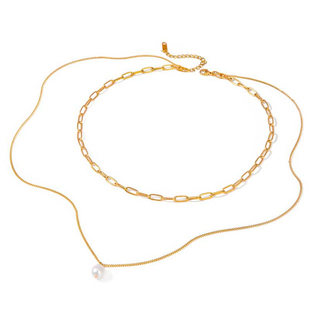 Paperclip Pearl 2 Layer Necklace JXNW2403044