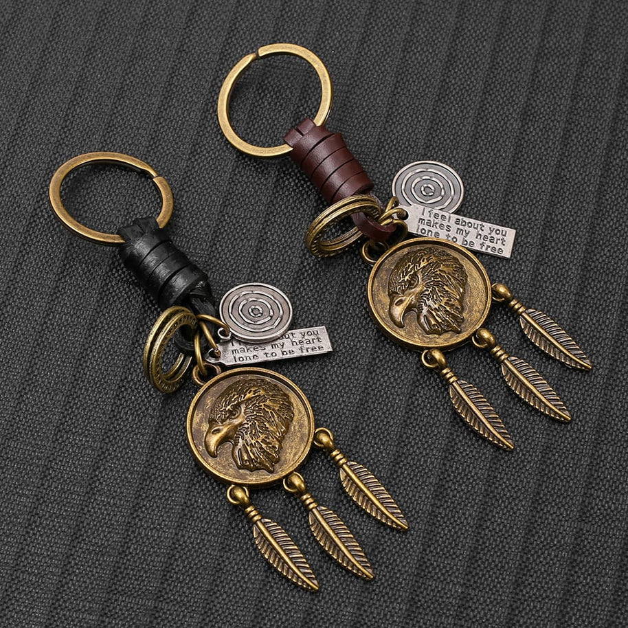 Eagle Pendant Keychain | Vintage Car Charm | Leather Braid
