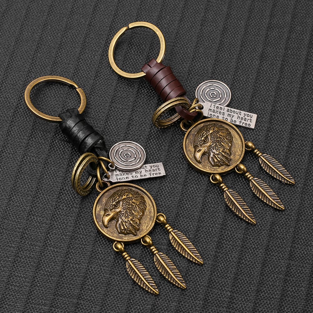 Eagle Pendant Keychain | Vintage Car Charm | Leather Braid