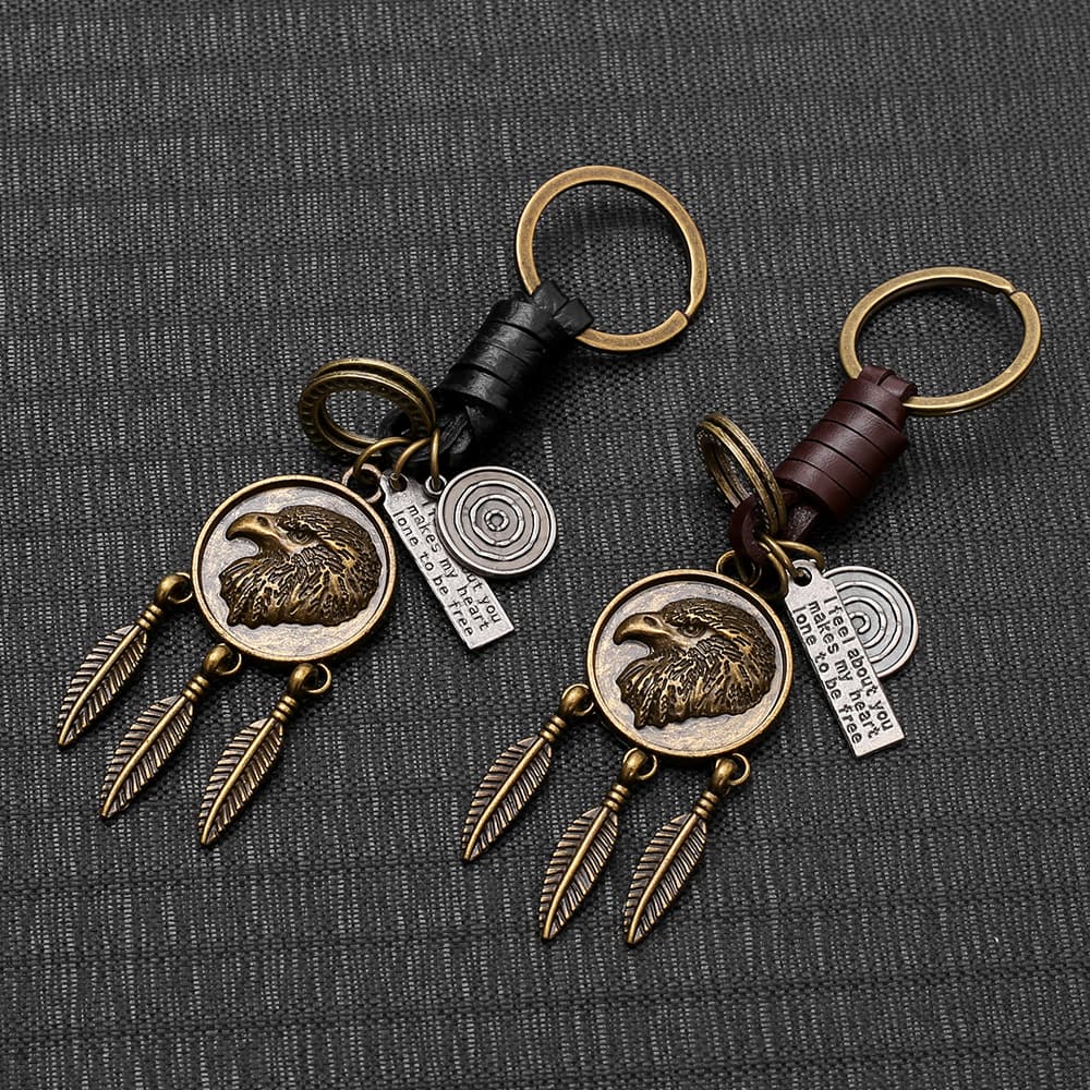 Eagle Pendant Keychain | Vintage Car Charm | Leather Braid