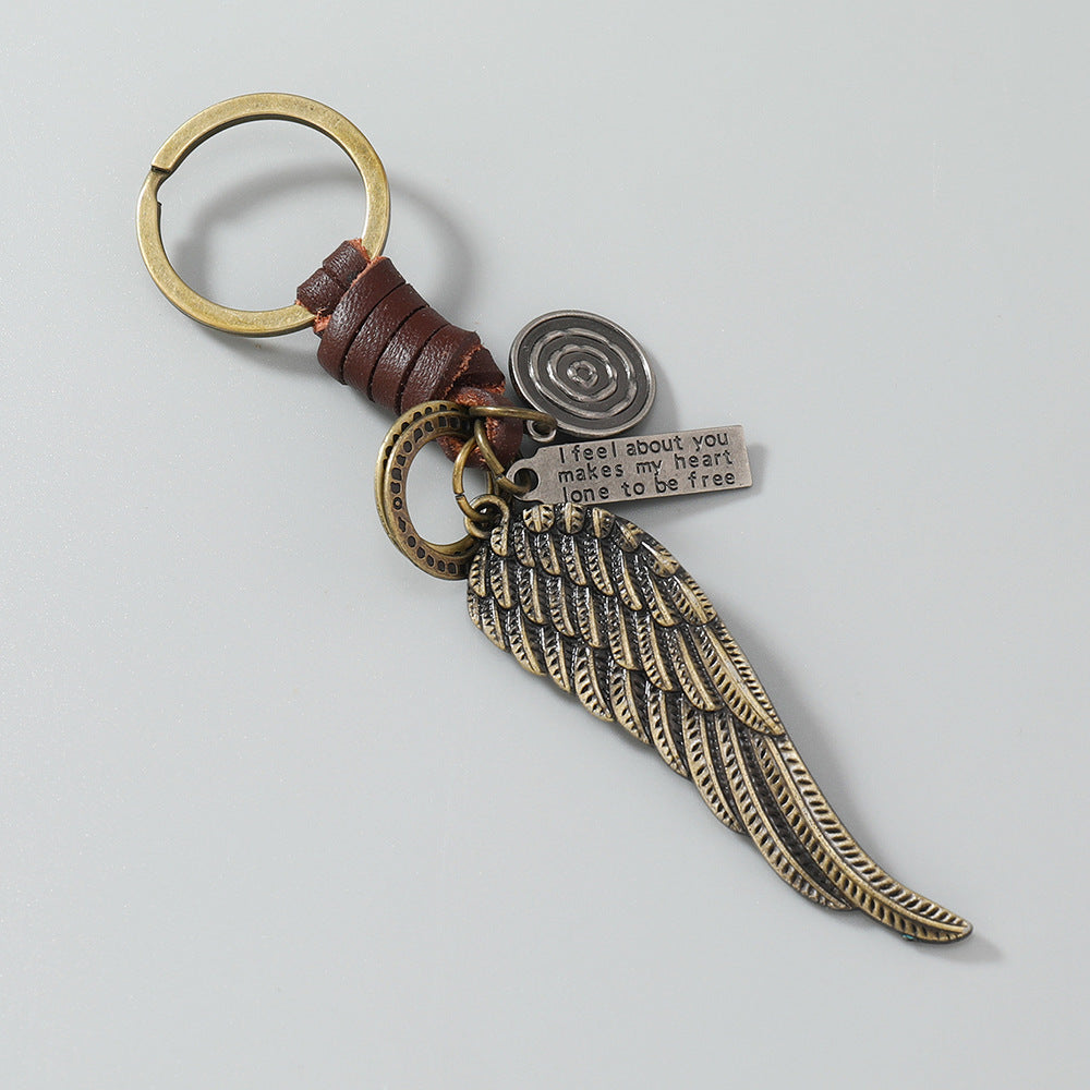Wing Pendant Keychain | Handmade Vintage Braid Leather