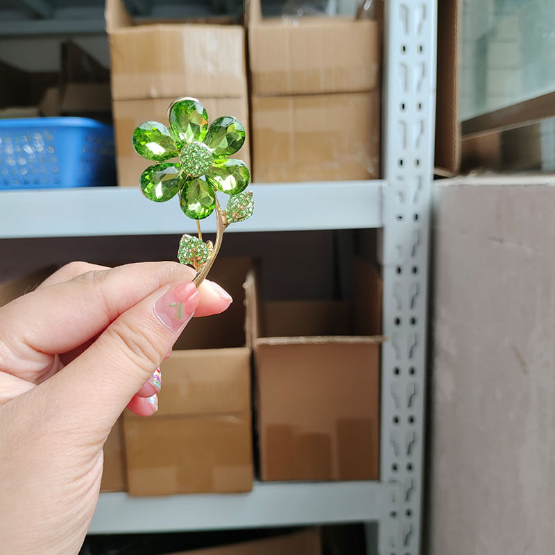 Emerald Flower Brooch | Green Crystal Pin | Women's Blazer