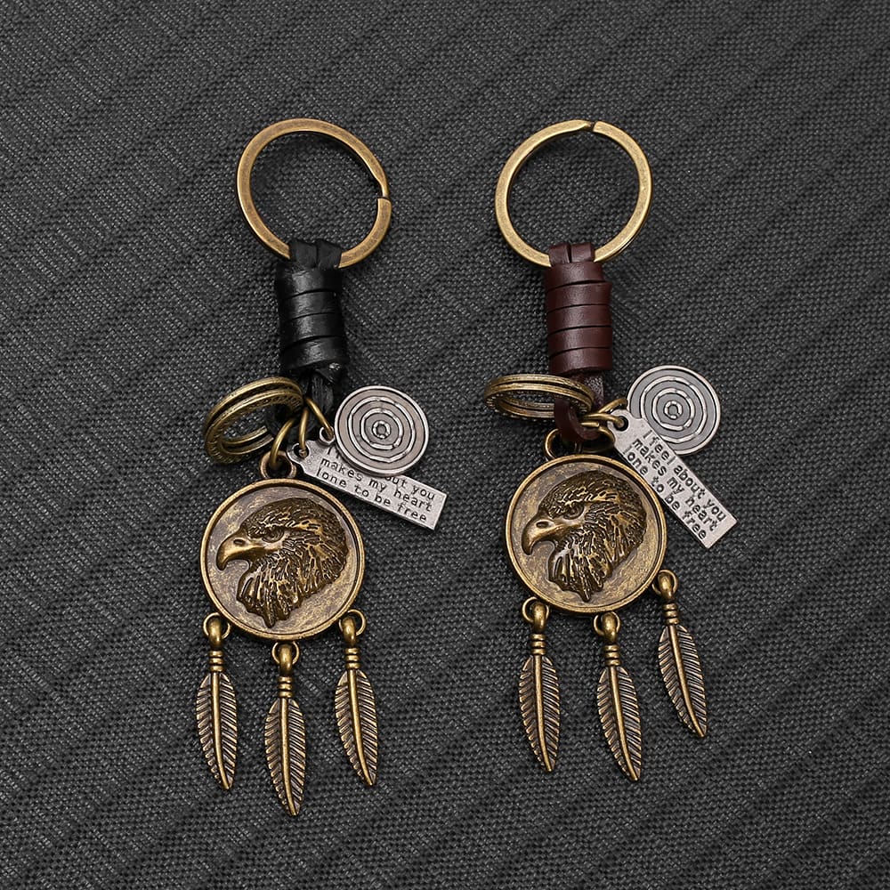 Eagle Pendant Keychain | Vintage Car Charm | Leather Braid
