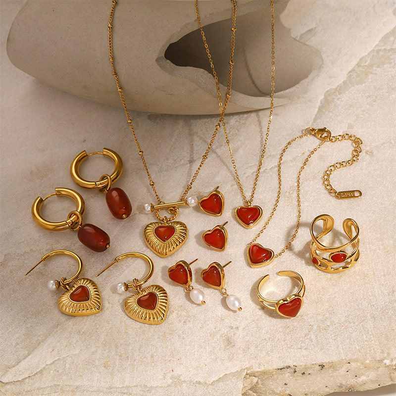 Red Gemstone Heart Geometric Ring JXRW2405005