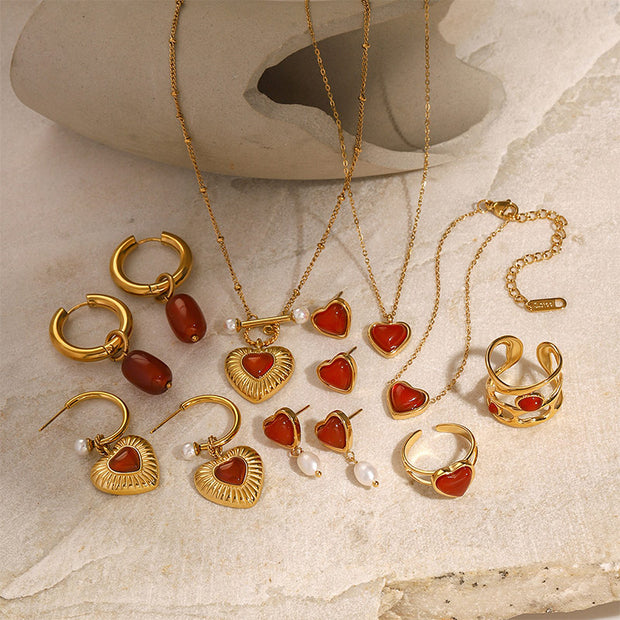 Red Gemstone Heart Stud Earring JXEW2312074