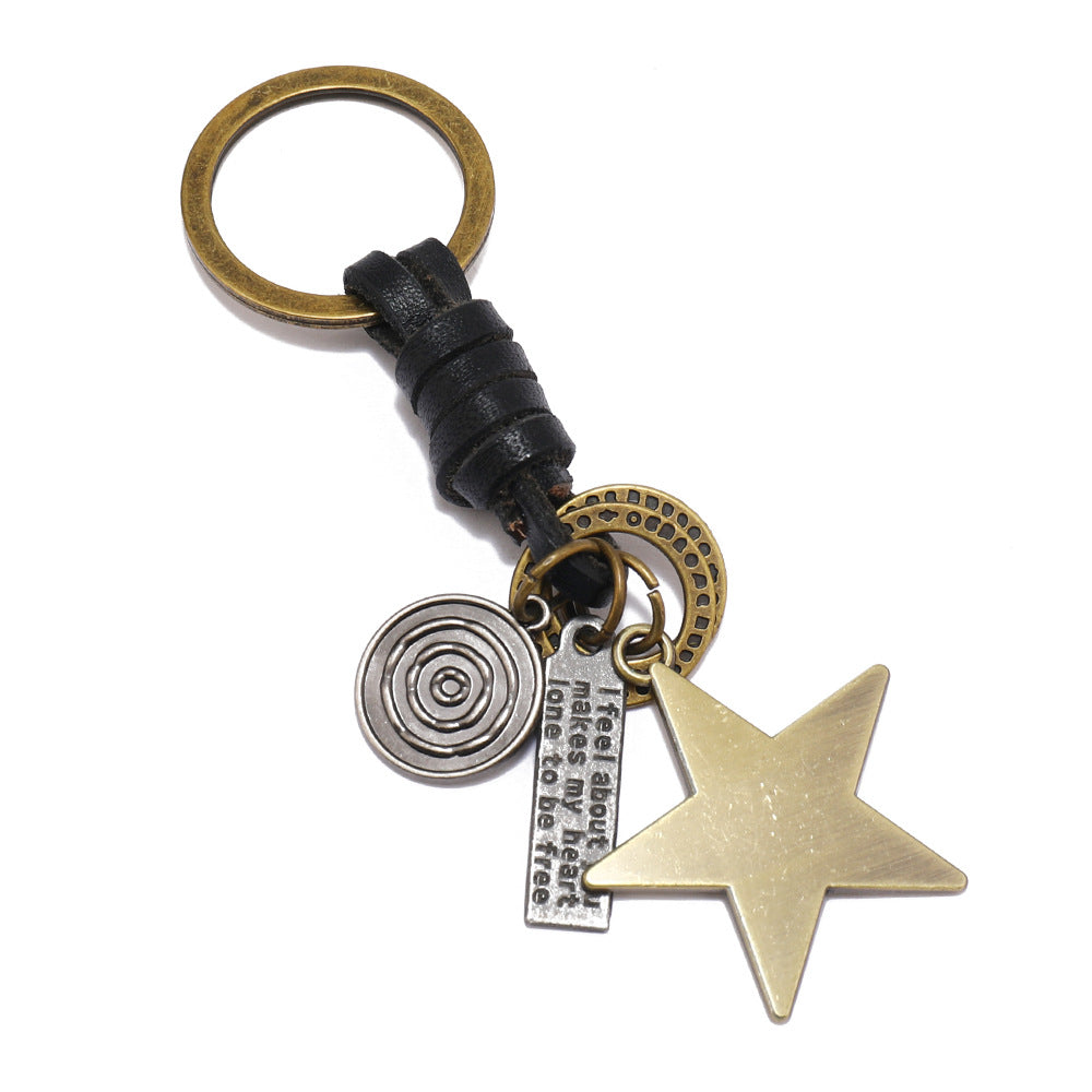 Star Pendant Keychain | Braid Leather Charm | Vintage