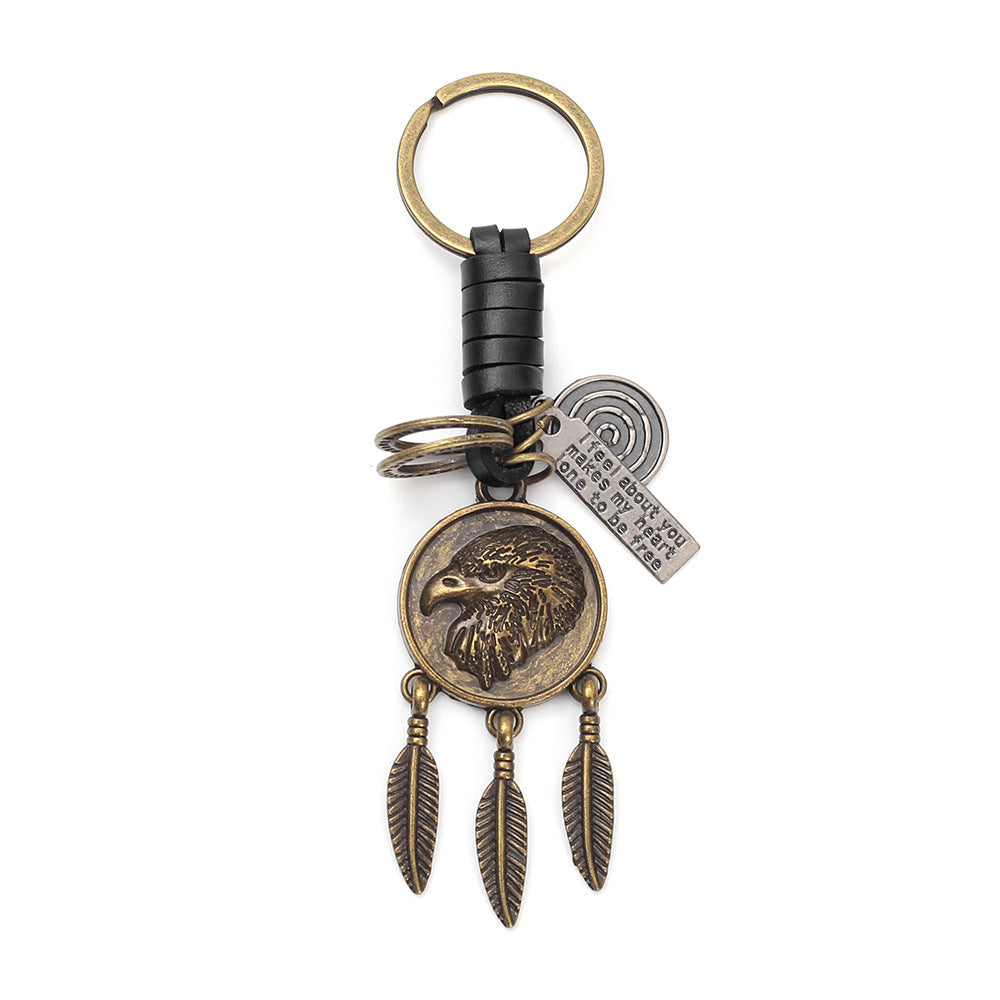 Eagle Pendant Keychain | Vintage Car Charm | Leather Braid