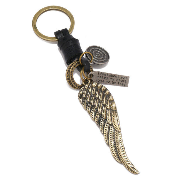 Wing Pendant Keychain | Handmade Vintage Braid Leather