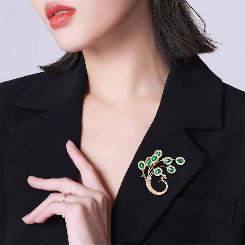 Peacock Brooch | French Green Crystal Pin | Vintage Luxury