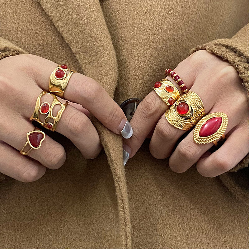 Red Gemstone Heart Geometric Ring JXRW2405005